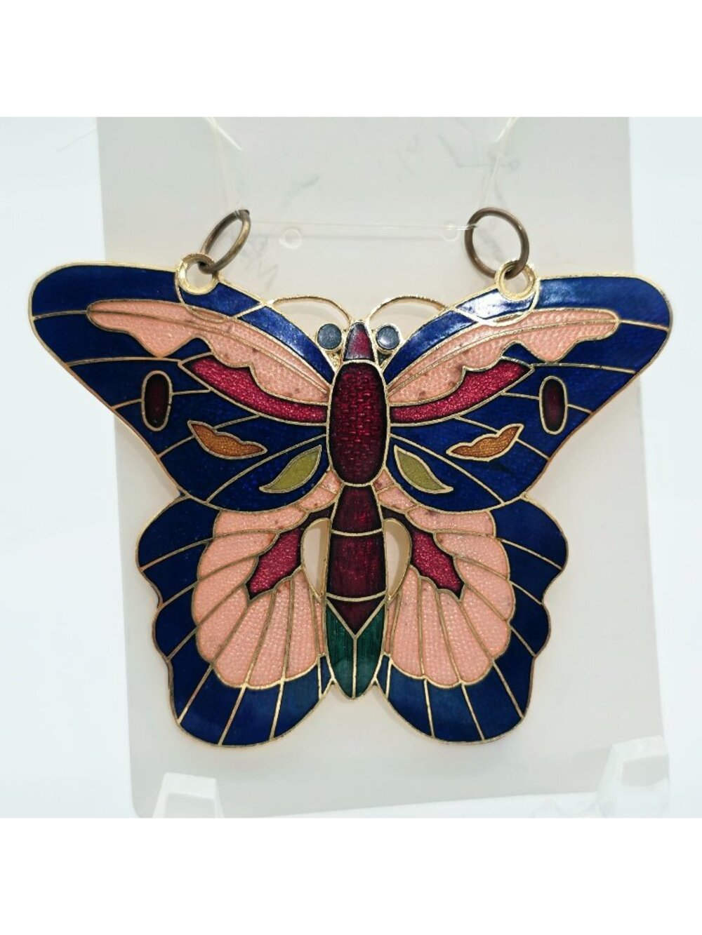 Large Enamel Butterfly Pendant In Pink Blue & Red With Gold-Tone Base